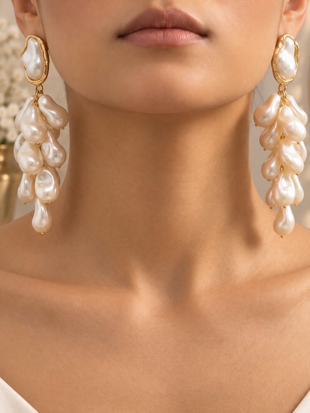 Gold & Pearl Drop Cluster Earrings - White Pearlescent